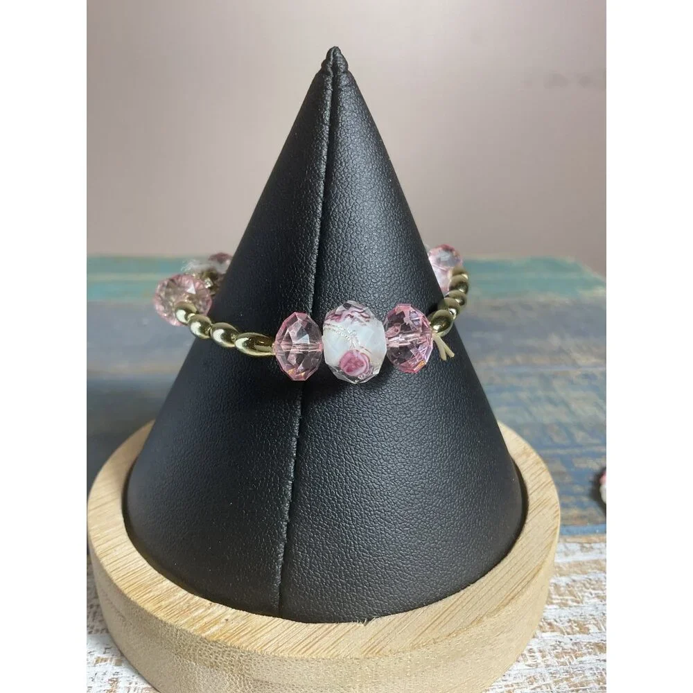 2 Handmade Pink & White Beaded Bracelet Set For Girls